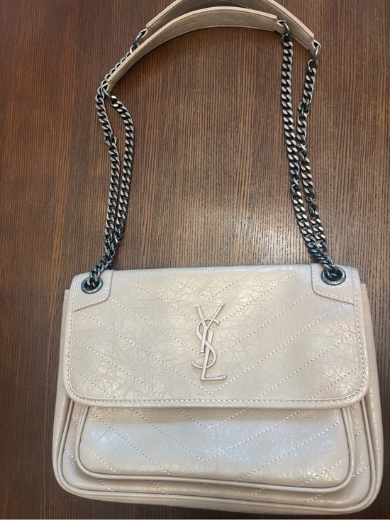 Designer inspired Handbags - Beige Quilted Leather Shoulder Bag with designer inspired Logo silver chain